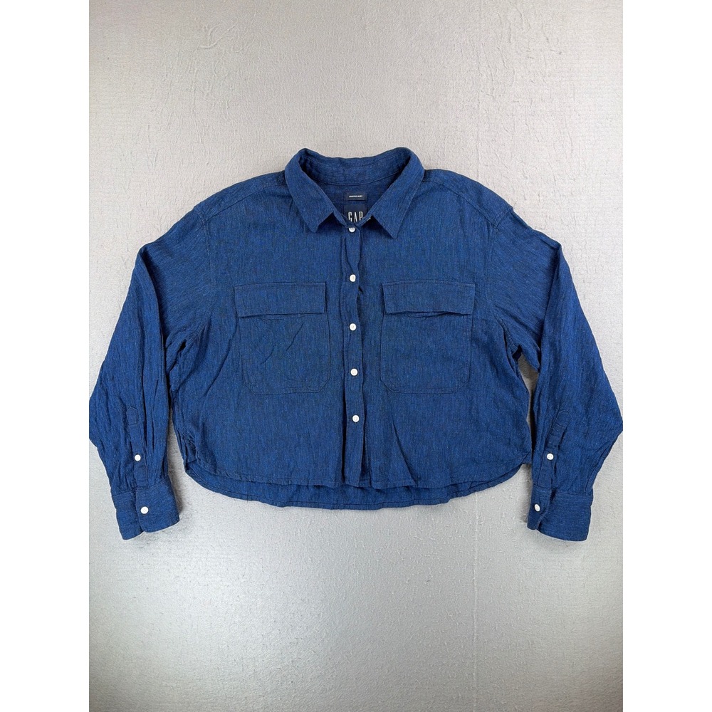 Gap Womens Linen Blend Cropped Shirt Dark Indigo Blue Small Petite 467540-00